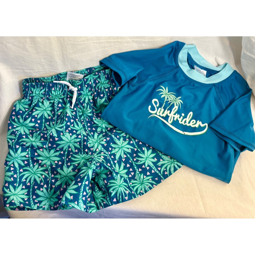 Floatimini Boys Blue Surfrider Rash Guard and Palm Tree Swim Trunks Set 4T